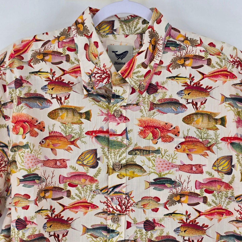 Yiume Mens Short Sleeve Button Down Shirt Medium Cream Tropical Fish Coral Print